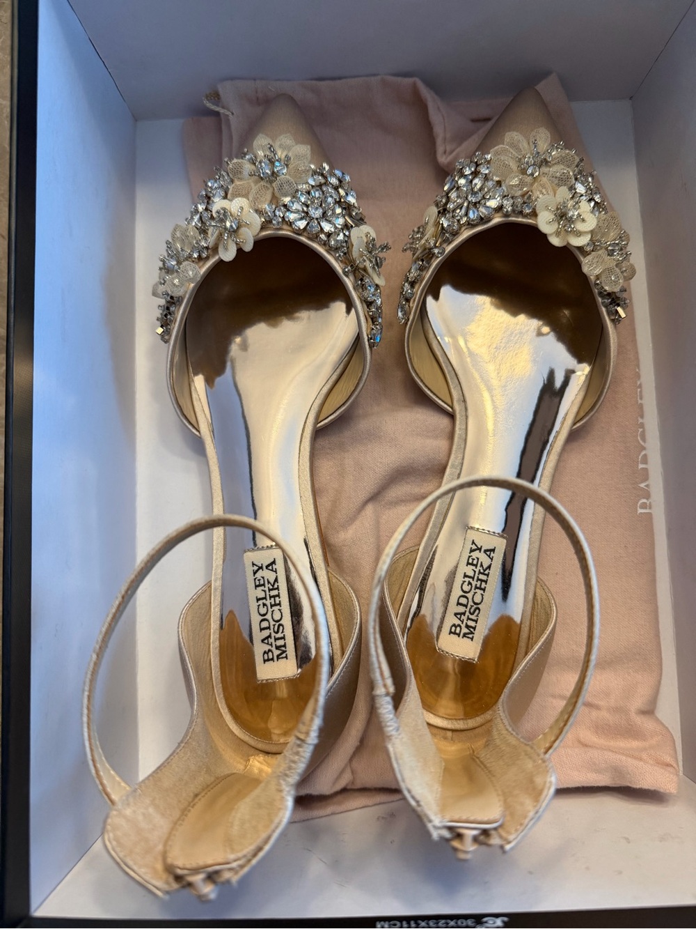 Badgley Mischka Champagne Satin Floral Crystal D'Orsay Flats - Picture 4 of 5
